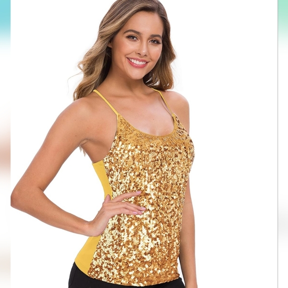 Maner Tops - NWT MANER Women’s Sequin Tops Glitter Party Strappy Tank Top Sparkle Cami XL